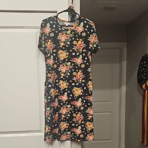 LuLaRoe Marly Heatjered Black Dress with Pink and Orange Floral And Belt